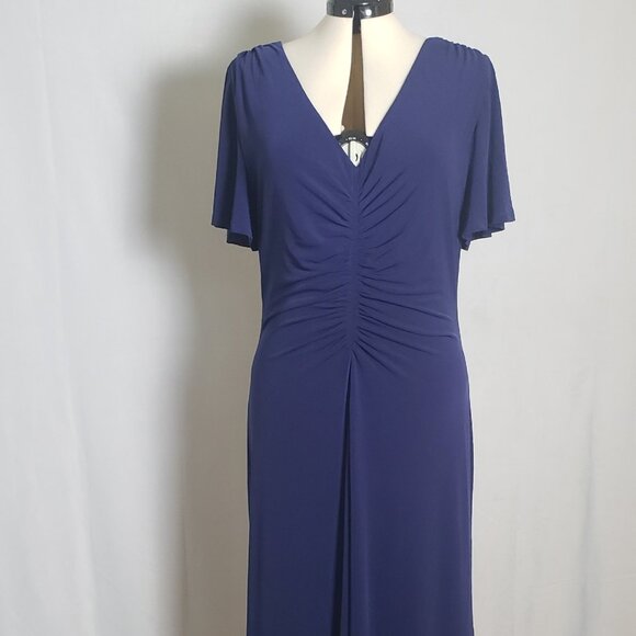 Maggy London Royal Blue Flutter Sleeve Ruched V Neck Midi Dress Size 16 - Picture 1 of 14